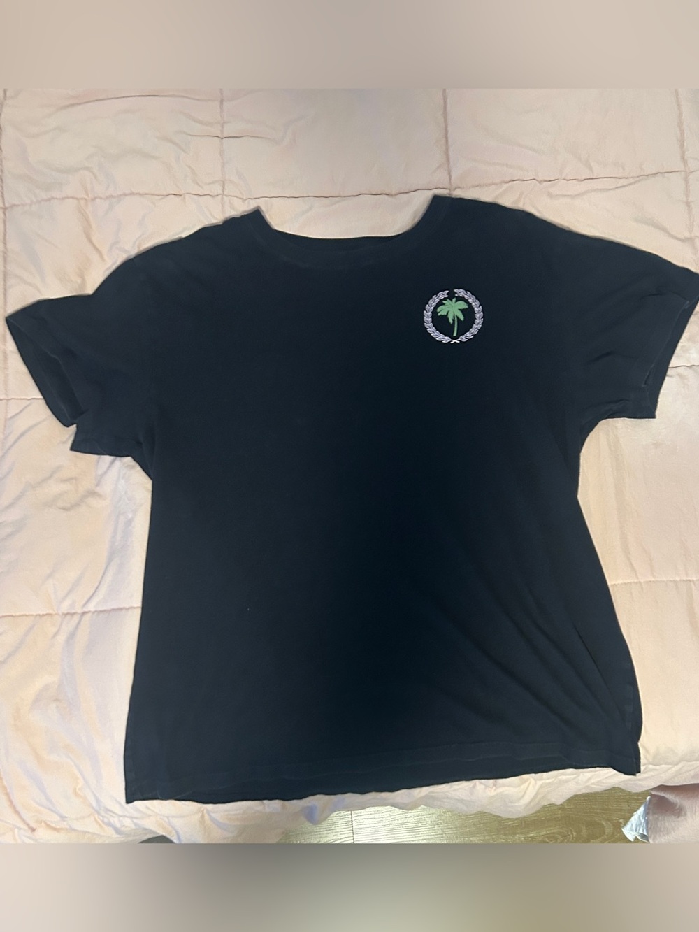 PINK Victoria's Secret Black T-Shirt with white palm tree graphic